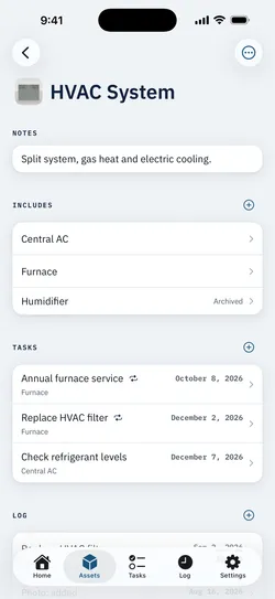 An asset detail screen for an HVAC system, listing the central AC, furnace and an archived humidifier underneath it, then its upcoming tasks.
