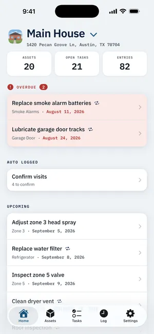 The Logis home screen, showing two overdue tasks, four provider visits waiting to be confirmed, and what is coming up.