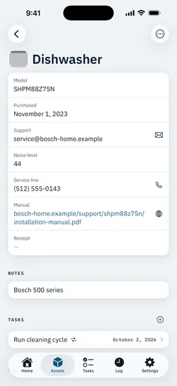 A dishwasher's custom fields: model number, purchase date, a support address, noise level, a service line and a link to the installation manual.