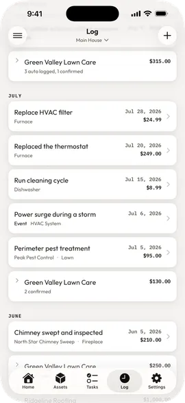A month in the Log where repeated visits from one lawn care provider collapse into a single row with a count and a running total.