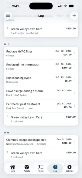 A month in the Log where repeated visits from one lawn care provider collapse into a single row with a count and a running total.