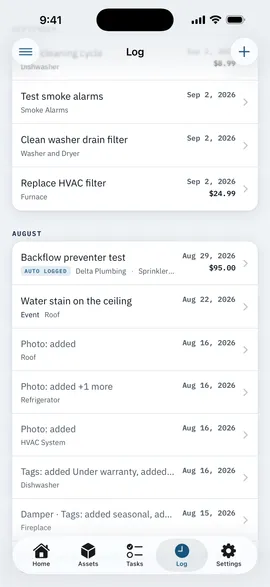 The Log, with entries grouped by month, each showing its asset, its date and any cost.